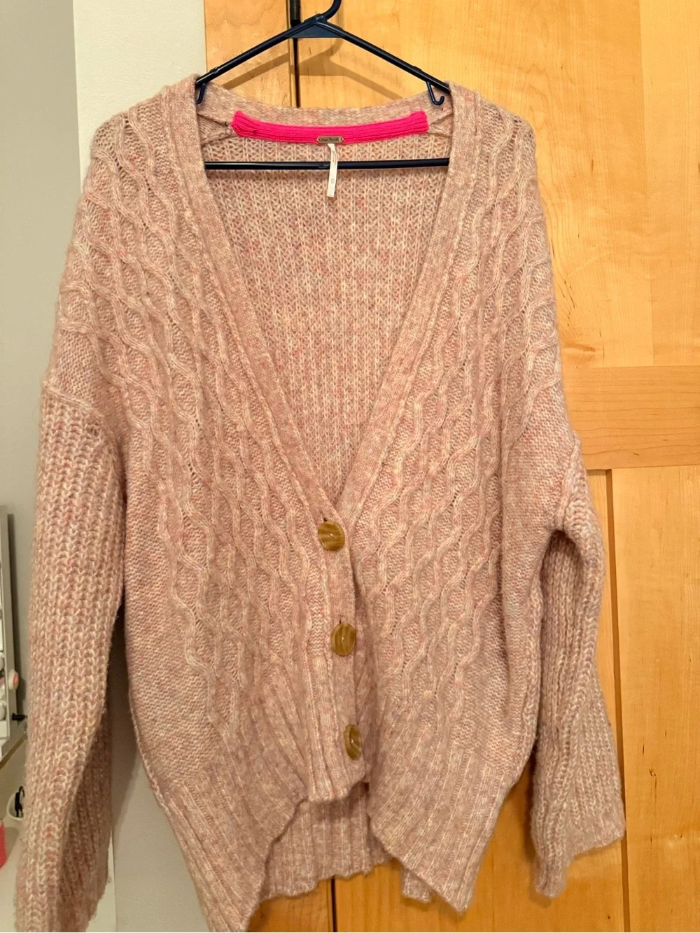 Free People Blush Pink Cable Knit Button Cardigan-oversized